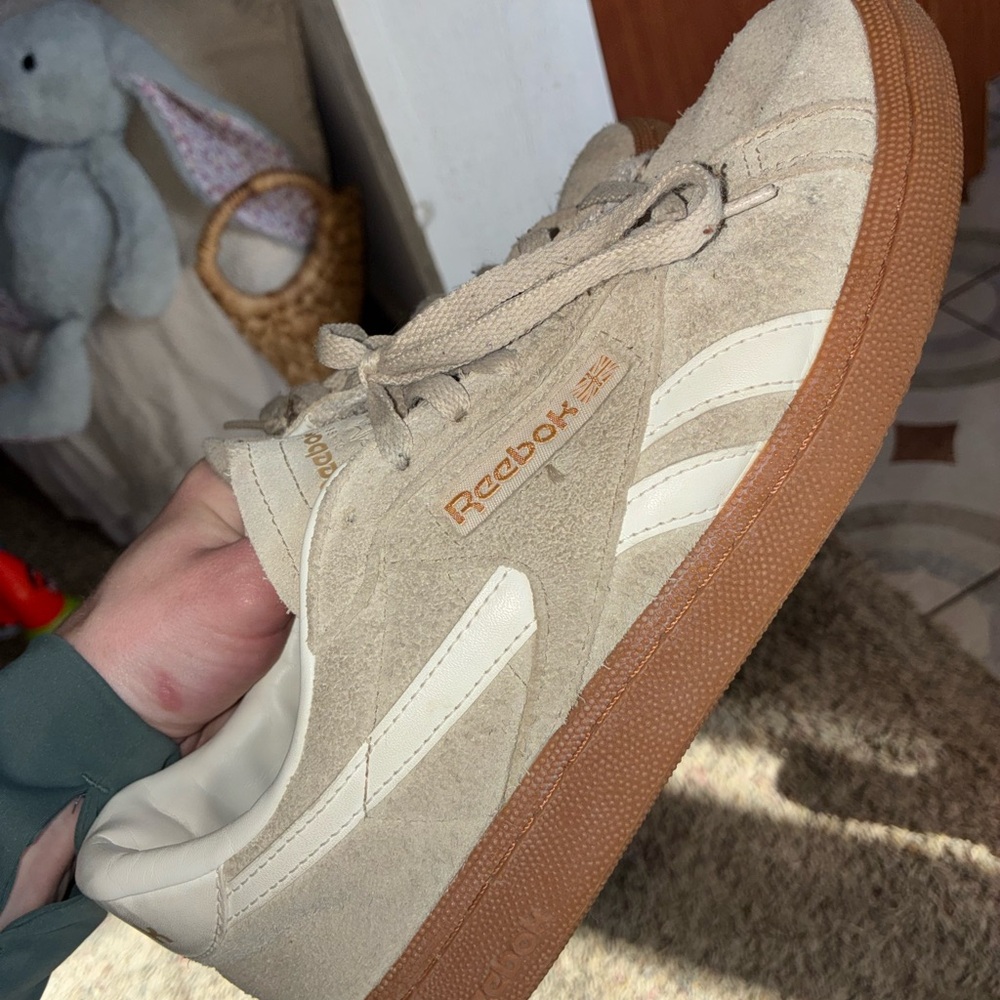 Reebok Beige Suede Sneaker with White Stripes and Gum Sole
